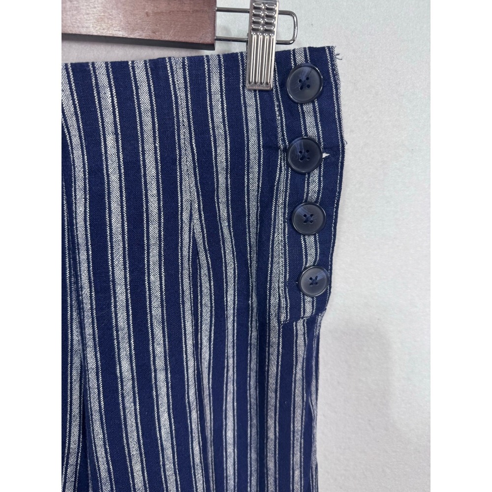 Gap Navy Blue Linen Blend Wide Leg Striped Side Button‎ Coastal Pants Size 4R - Picture 6 of 8